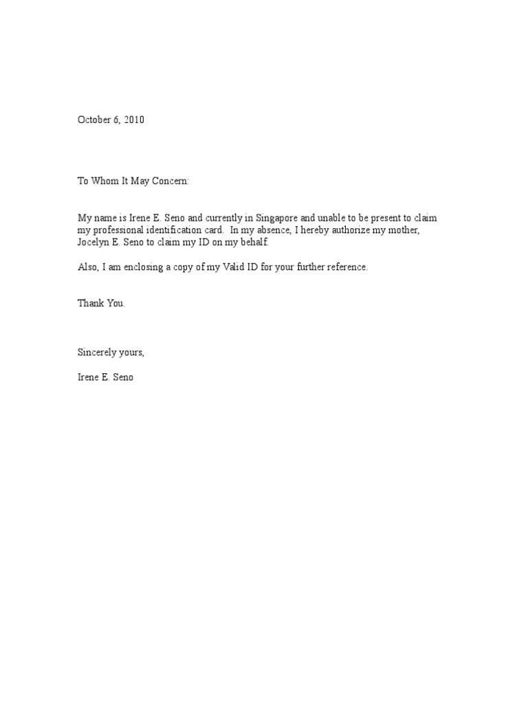Authorization Letter for ID Claim | PDF | Wellness