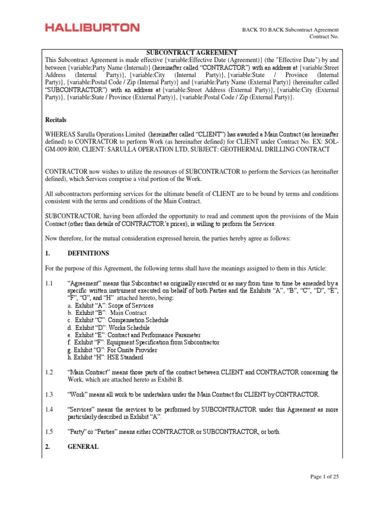 Subcontract Agreement Template PDF Indemnity Private Law
