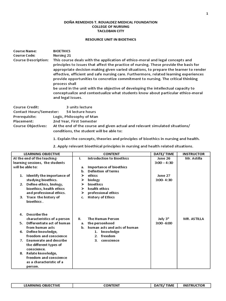 Bioethics Course Syllabus For Nursing Pdf Bioethics Nursing