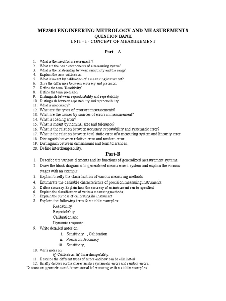 Me2304 Engineering Metrology and Measurements Question Bank Unit I