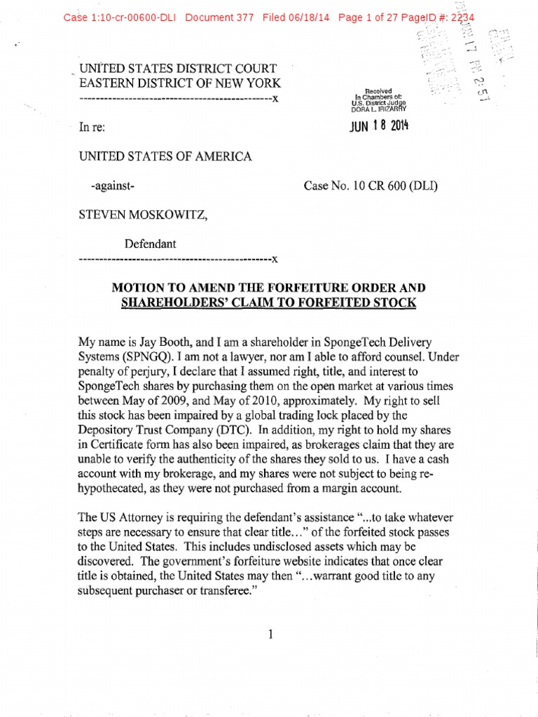 Motion To Amend The Forfeiture Order SPNG U S Securities And