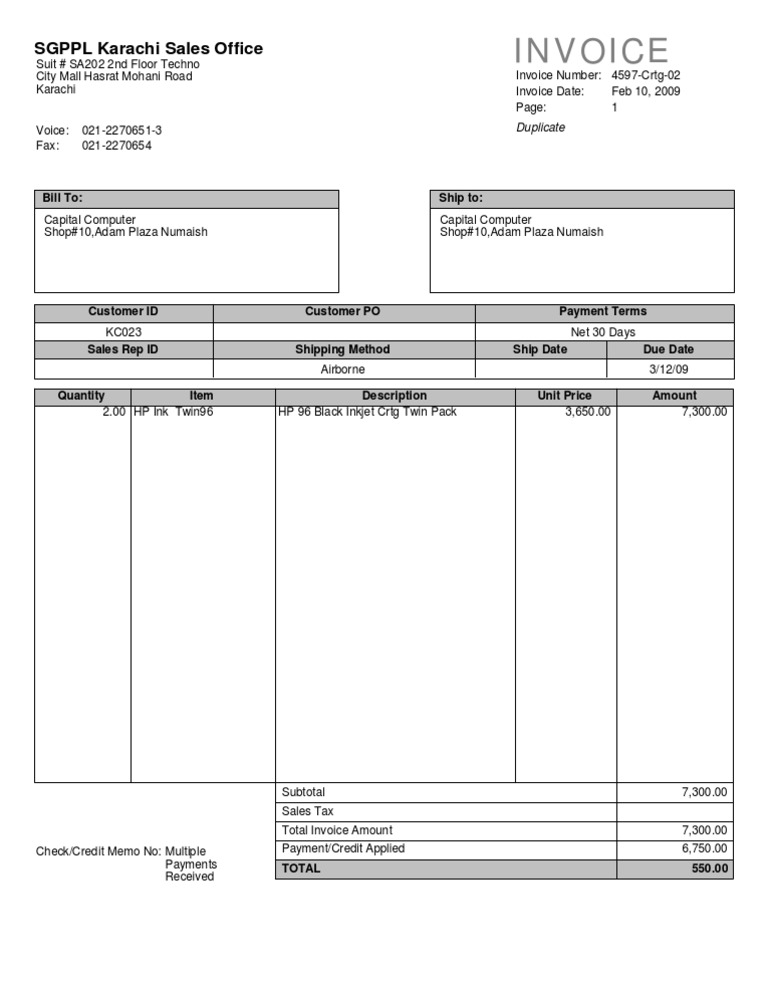 Invoice for HP Ink Twin Pack Purchase | PDF