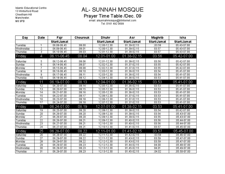 AL - SUNNAH MOSQUE Manchester Prayer Time Table Dec. 09 | PDF | Mosque ...