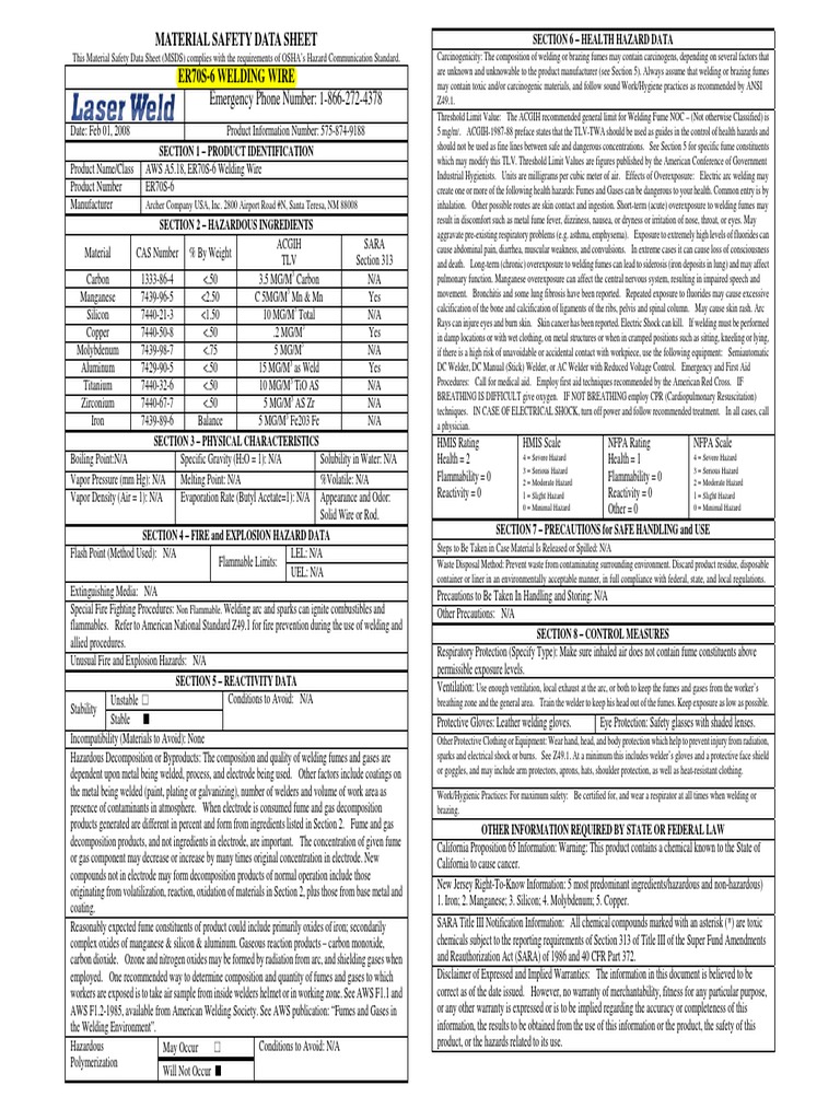 MSDSer70s6 Welding Chemistry