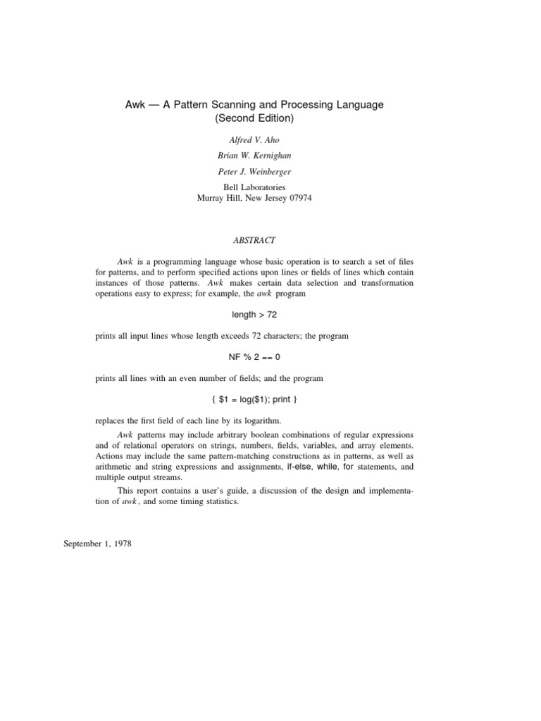 Awk - A Pattern Scanning and Processing Language (Second Edition) | PDF ...