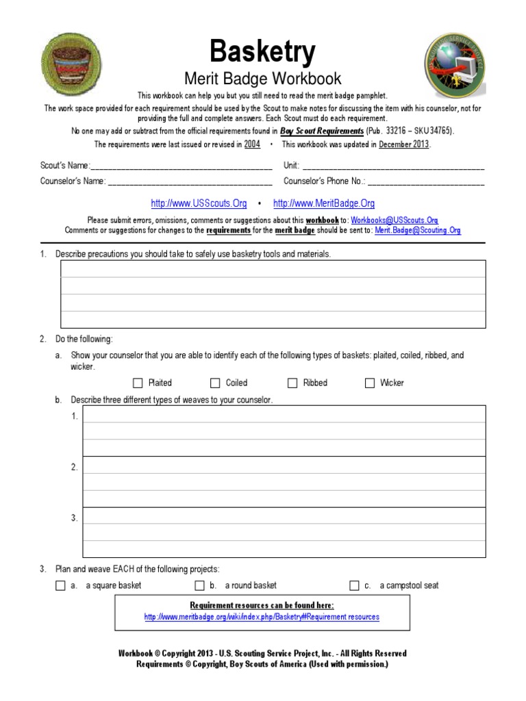Basketry Merit Badge Workbook | PDF | Boy Scouts Of America | School  Counselor
