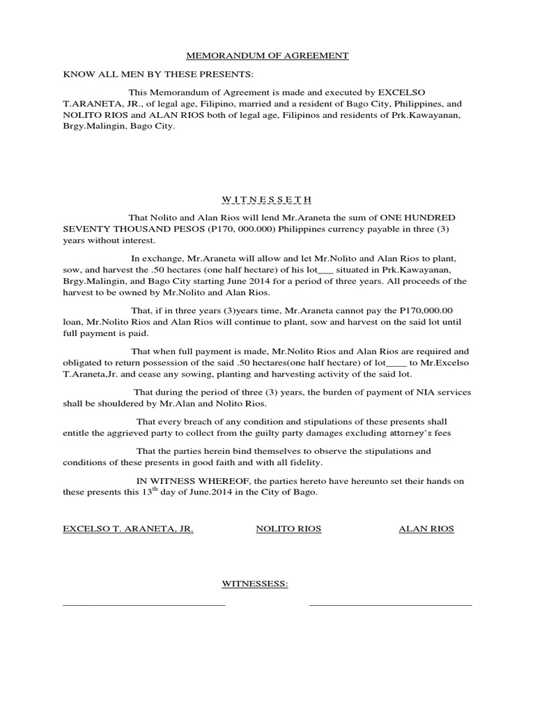 Sample of Memorandum of Agreement | PDF | Money | Common Law