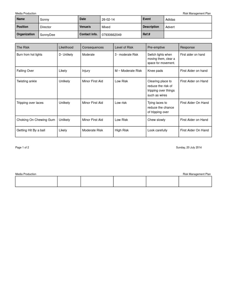 Media Production Risk Management Plan | PDF