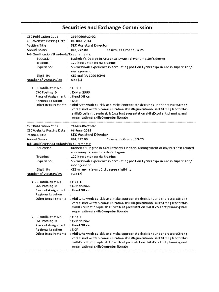 SEC Assistant Director Job Openings | PDF | U.S. Securities And ...