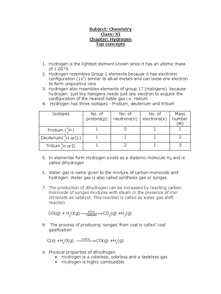 XI Chemistry Chapter 9 Hydogen Notes | PDF | Hydride | Hydrogen