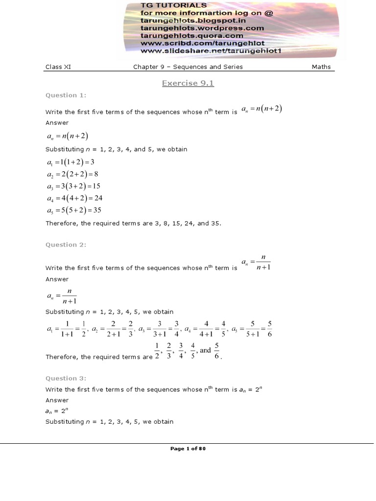 Class 11 Maths: Sequences & Series Solutions | PDF | Sequence | Summation
