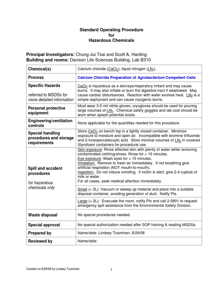 Standard Operating Procedure For Hazardous Chemicals Chemical(s