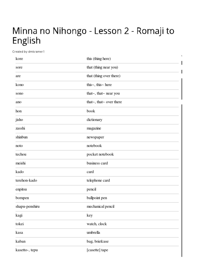 Minna no Nihongo Lesson 2 Vocabulary | PDF