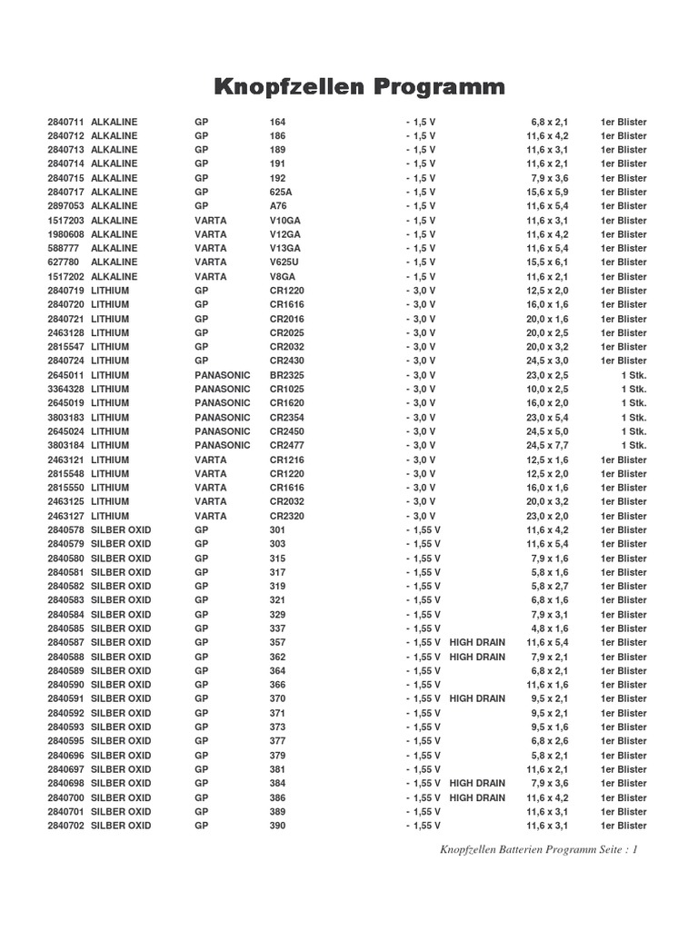 Knopfzellen Batterien Programm Seite: 1