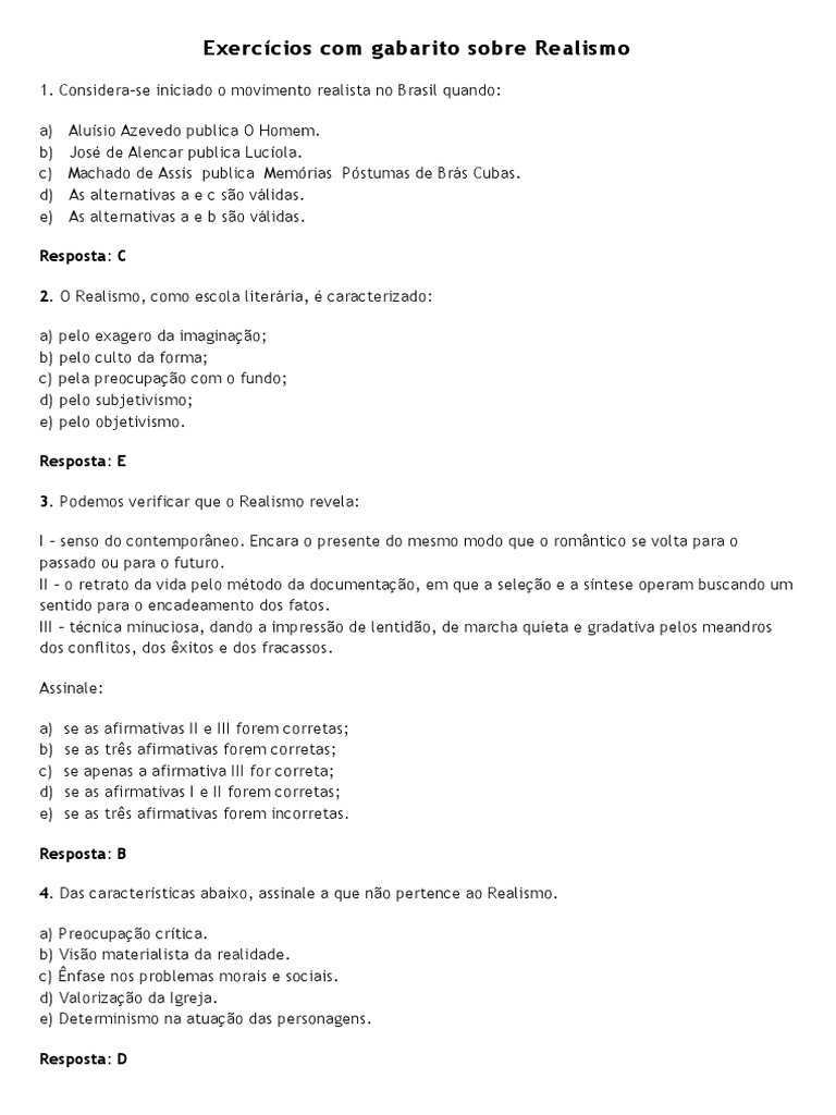 Exercícios Com Gabarito Sobre Realismo | PDF | Realismo (artes ...