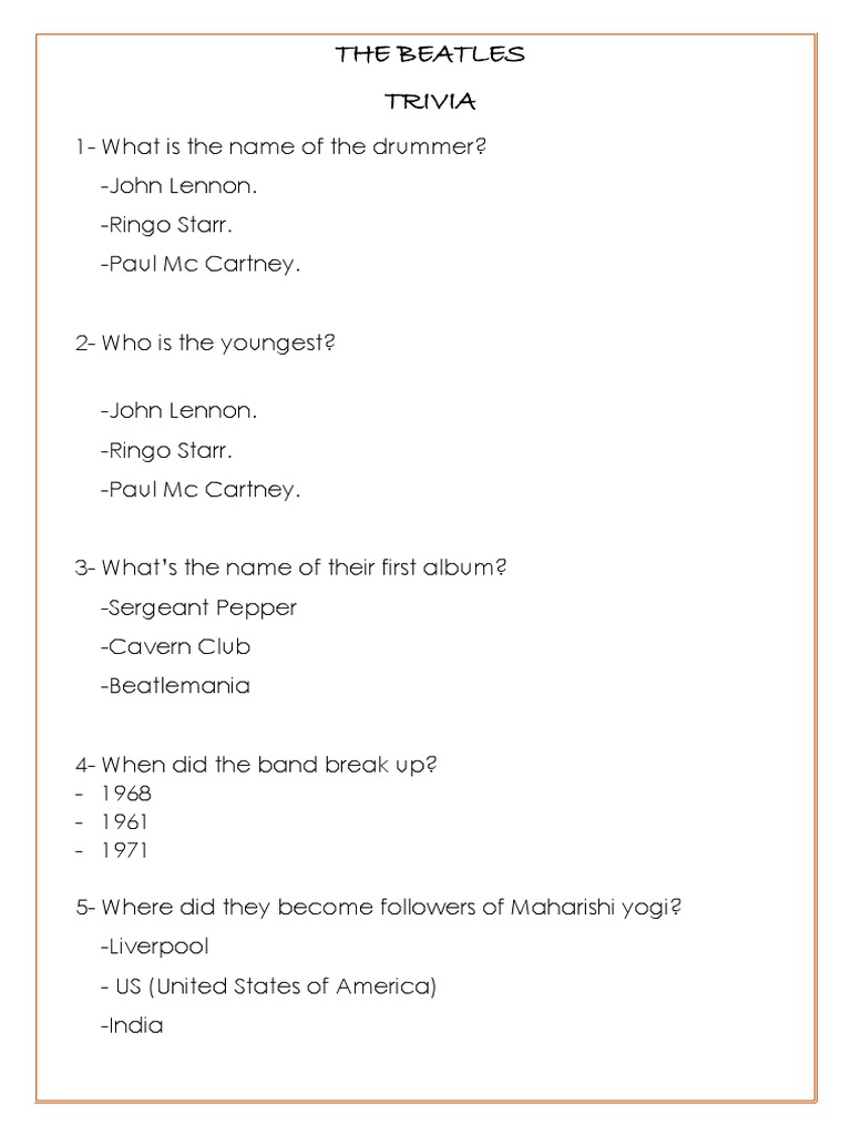Beatles Trivia Quiz Questions | PDF