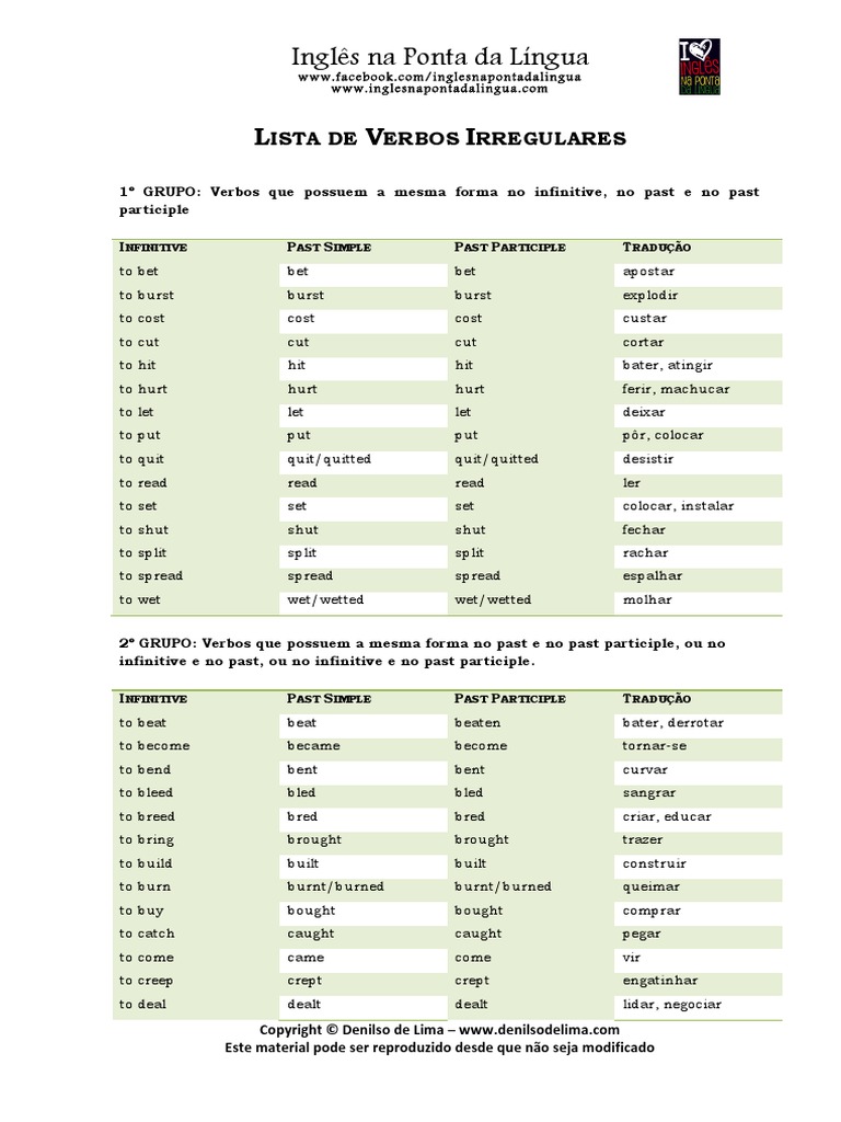 Lista de Verbos Irregulares em Inglês | PDF