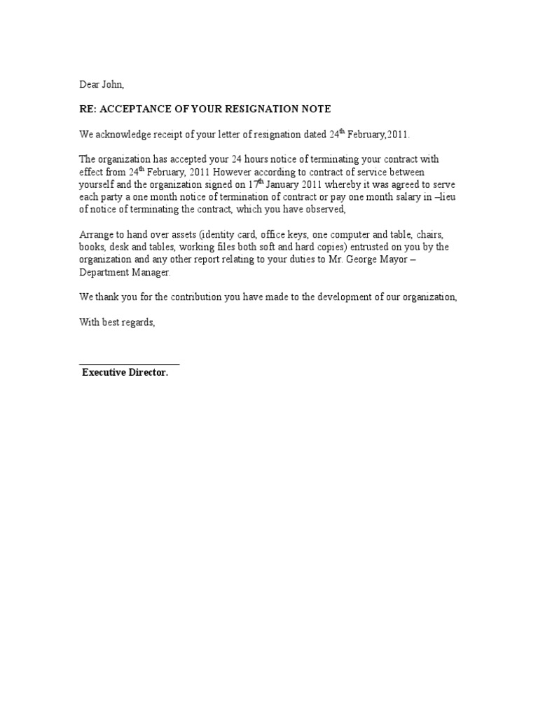 Sample Resignation Acceptance Letter Pdf