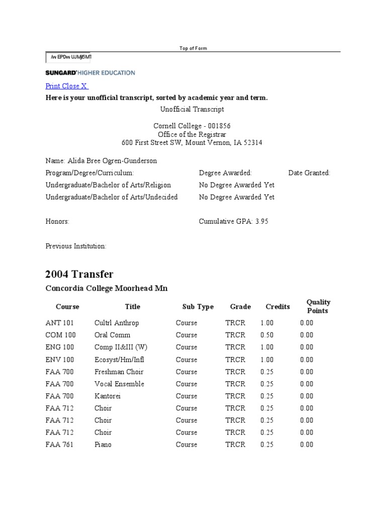 Unofficial Cornell Transcript Educational Assessment And Evaluation