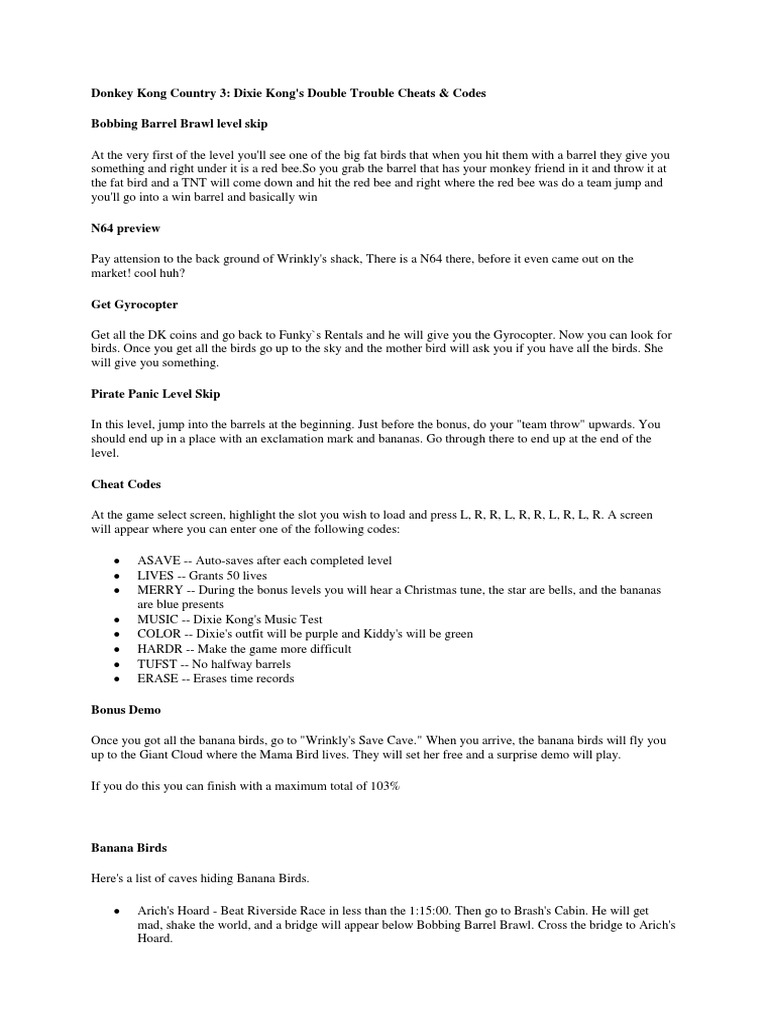 Donkey Kong Country 3 Dixie Kong's Double Trouble Cheats & Codes
