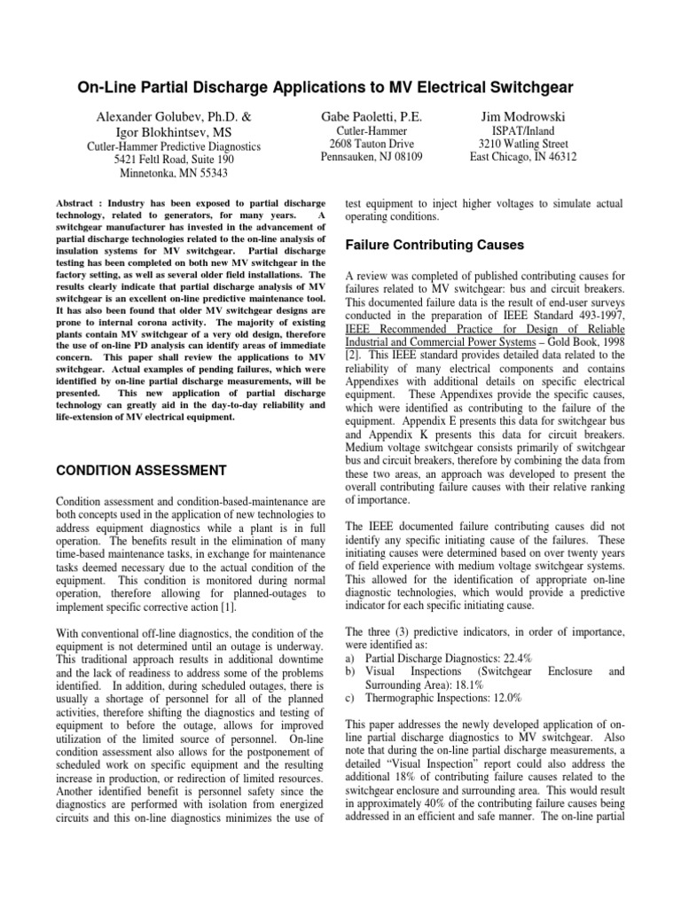 On-Line PD Diagnostics for MV Switchgear | PDF