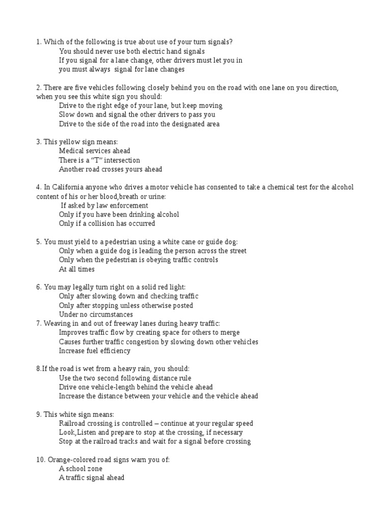 California Driving Tests Questions | Road Infrastructure | Traffic