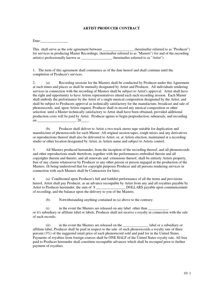 Artist Producer Contract  PDF  Royalty Payment  Breach Of Contract Intended For Record Label Artist Contract Template