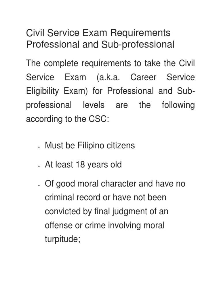 Civil Service Exam Requirements Professional and Sub Civil Service