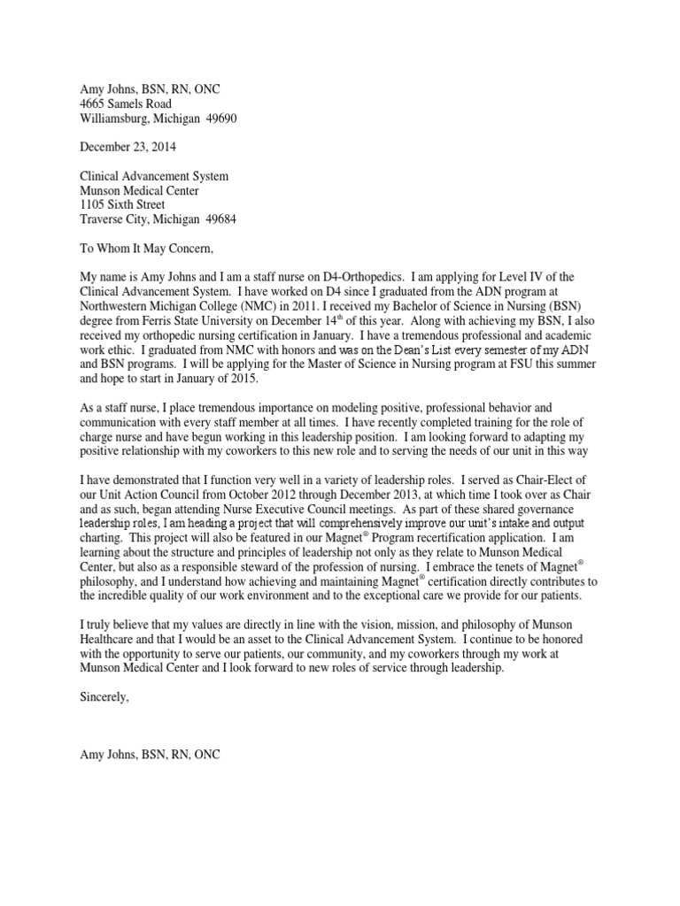 BSN Portfolio Cas Level IV Cover Letter | PDF | Nursing | Medicine