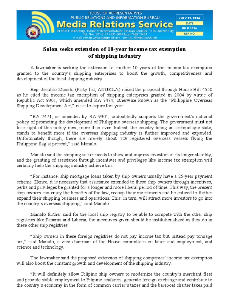 July21.2014.docsolon Seeks Extension of 10Year Tax Exemption of