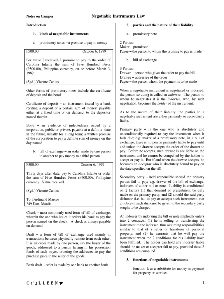 Overview of Negotiable Instruments Law | PDF | Negotiable Instrument ...