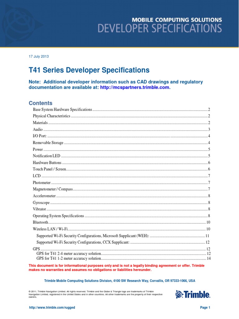 Juno T41 Developer Specifications Rev B PDF Ieee 802.11 Bluetooth