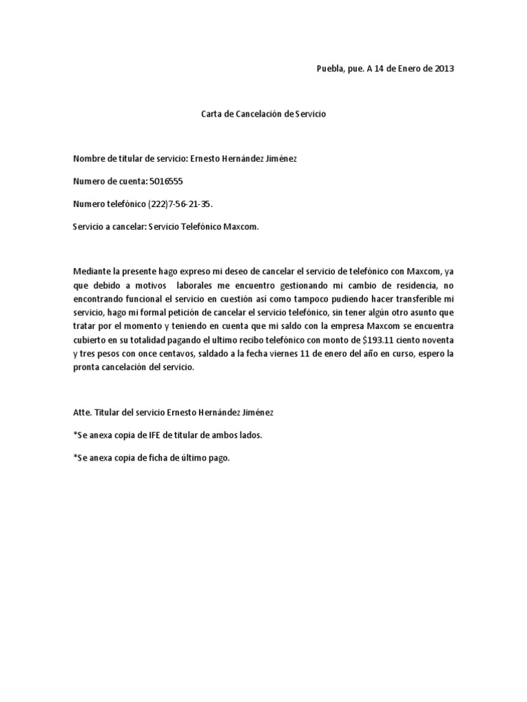 Carta De Cancelacion De Servicio Gobierno Politica