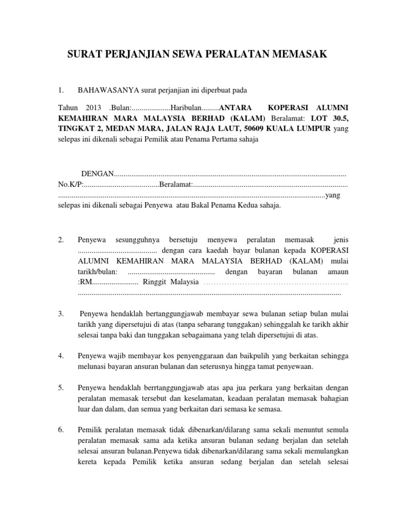 Contoh Surat Perjanjian Penyewaan Atau Pajakan Peralatan Dapur