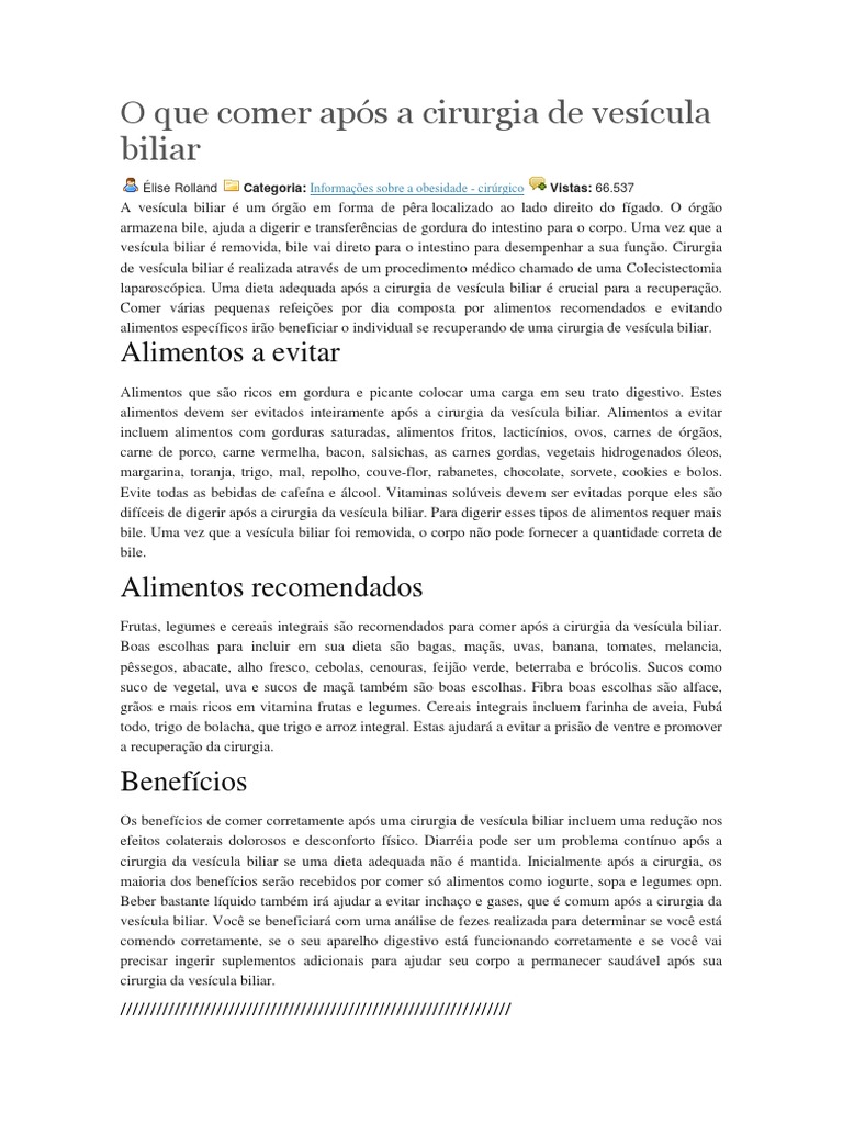 O Que Comer Após A Cirurgia de Vesícula Biliar | PDF | Bile | Suco