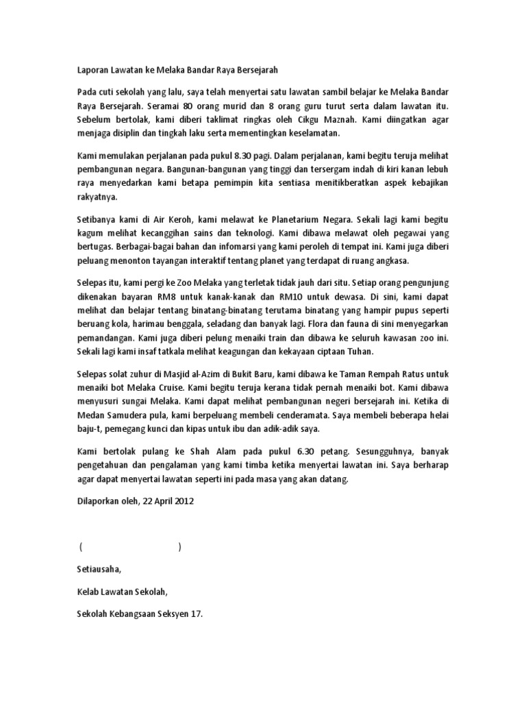 Laporan Lawatan Ke Melaka Bandar Raya Bersejarah Pdf