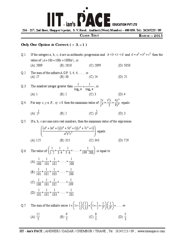 Class Test # Que. & Answer Key (2015) | PDF | Circle | Geometry
