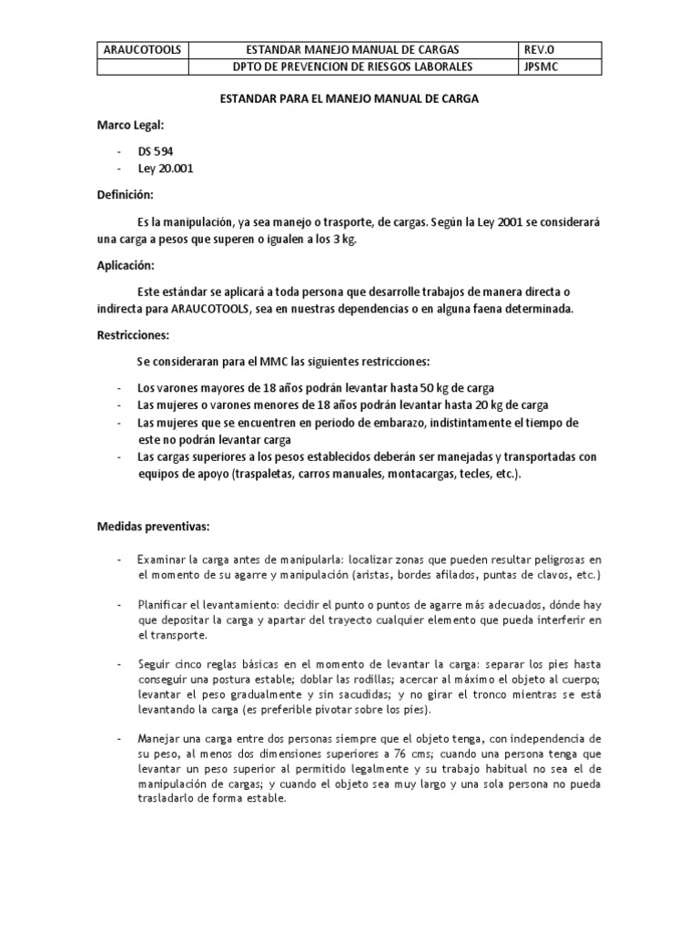 Estándar de Manejo Manual de Cargas | PDF | Kilogramo | Naturaleza
