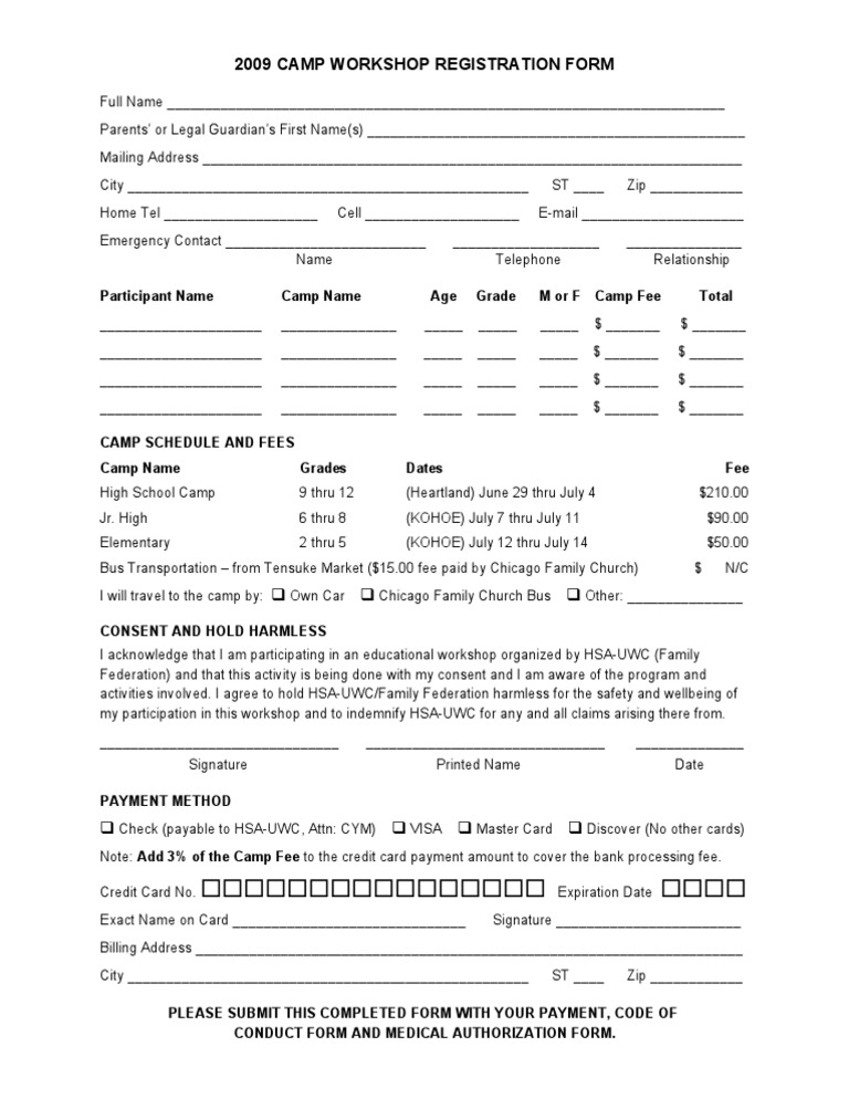 2009 Camp Workshop Registration Form | PDF | Credit Card | Payments