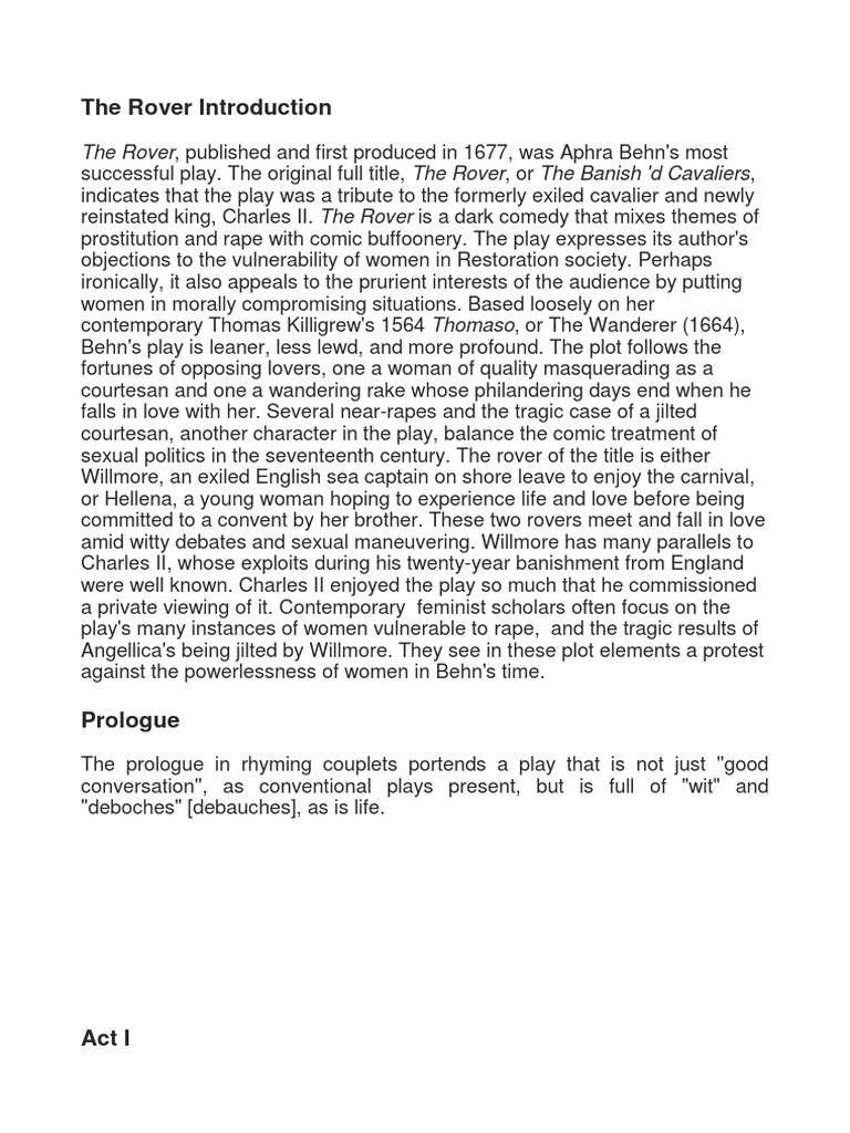 The Rover Summary PDF Restoration Comedy English Restoration Plays