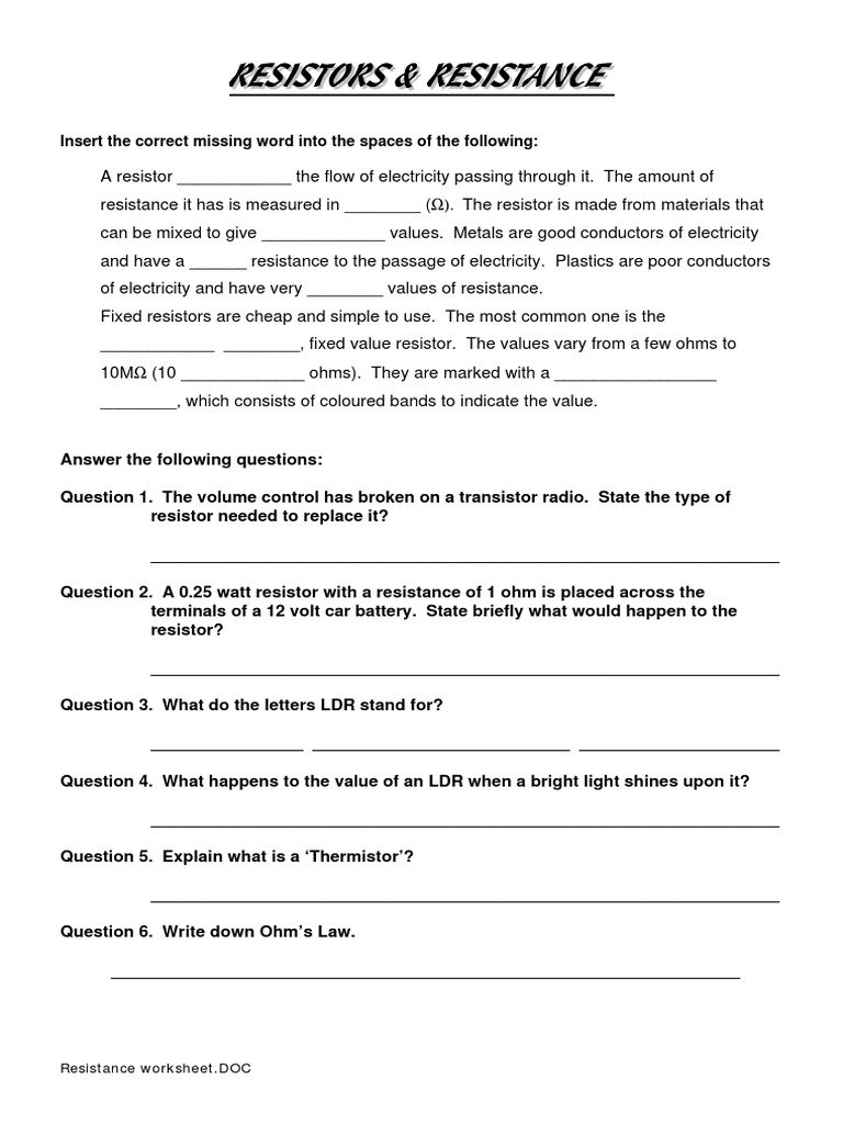 Resistance Worksheet | Resistor | Electrical Resistance And Conductance