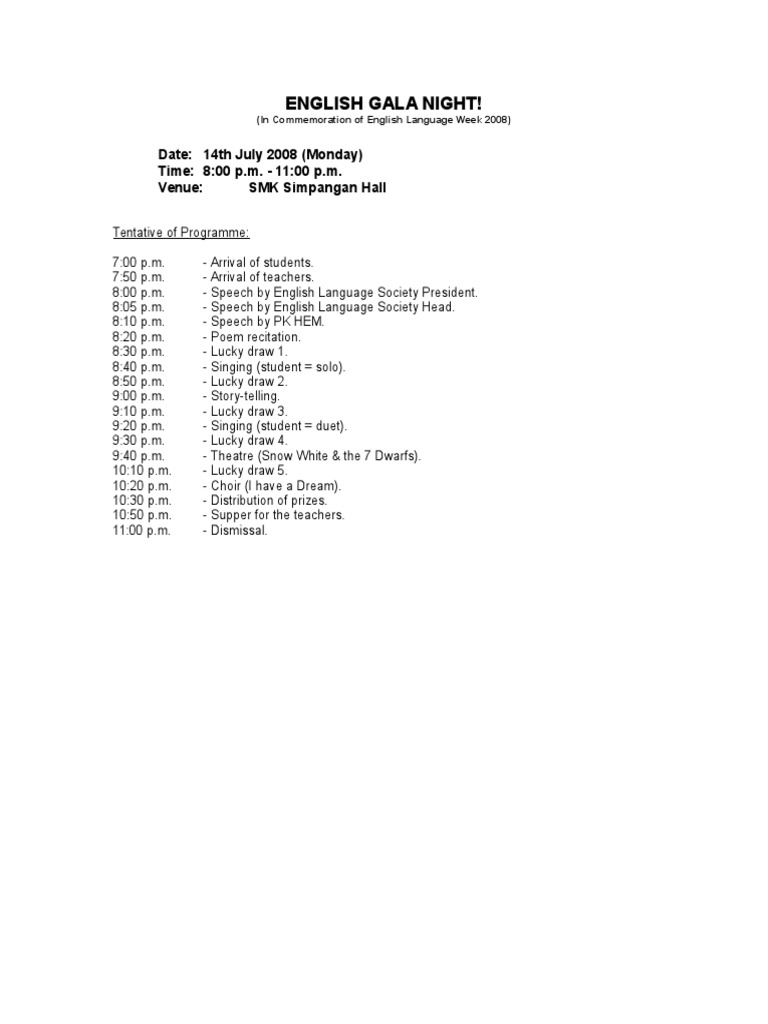 English Gala Night 2008 Schedule | PDF