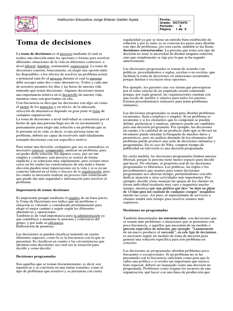 Guia de Toma de Decisiones Octavo | PDF | Toma de decisiones | Ciencia ...