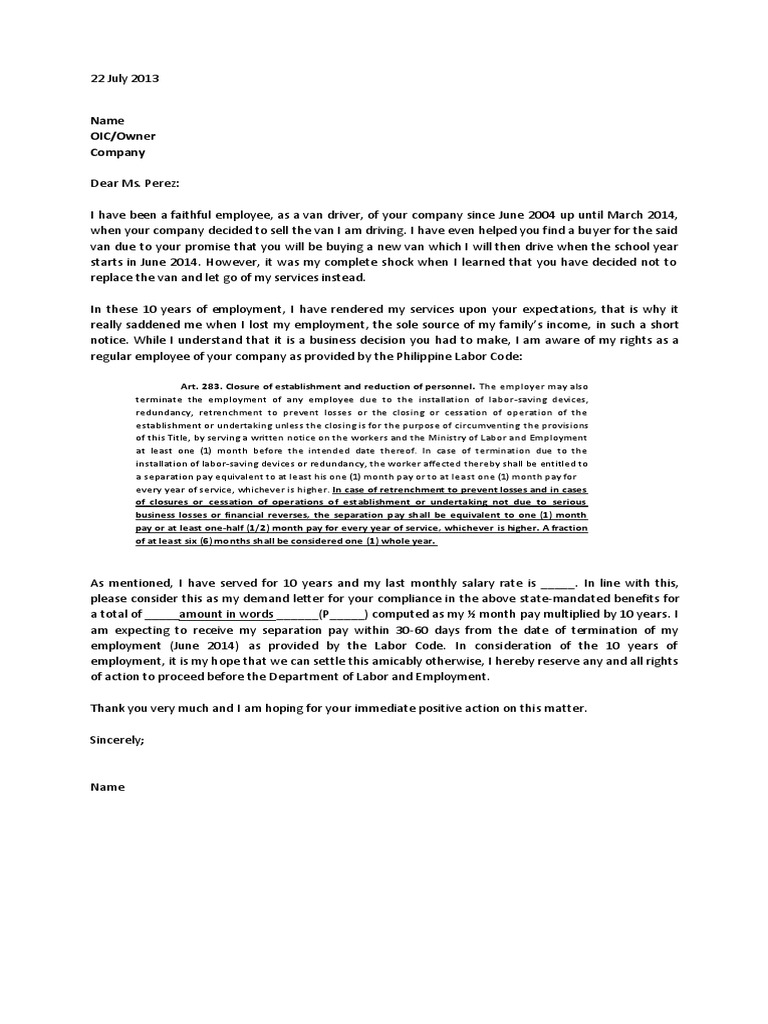 Sample Demand Letter for Separation Pay  Layoff  Employment
