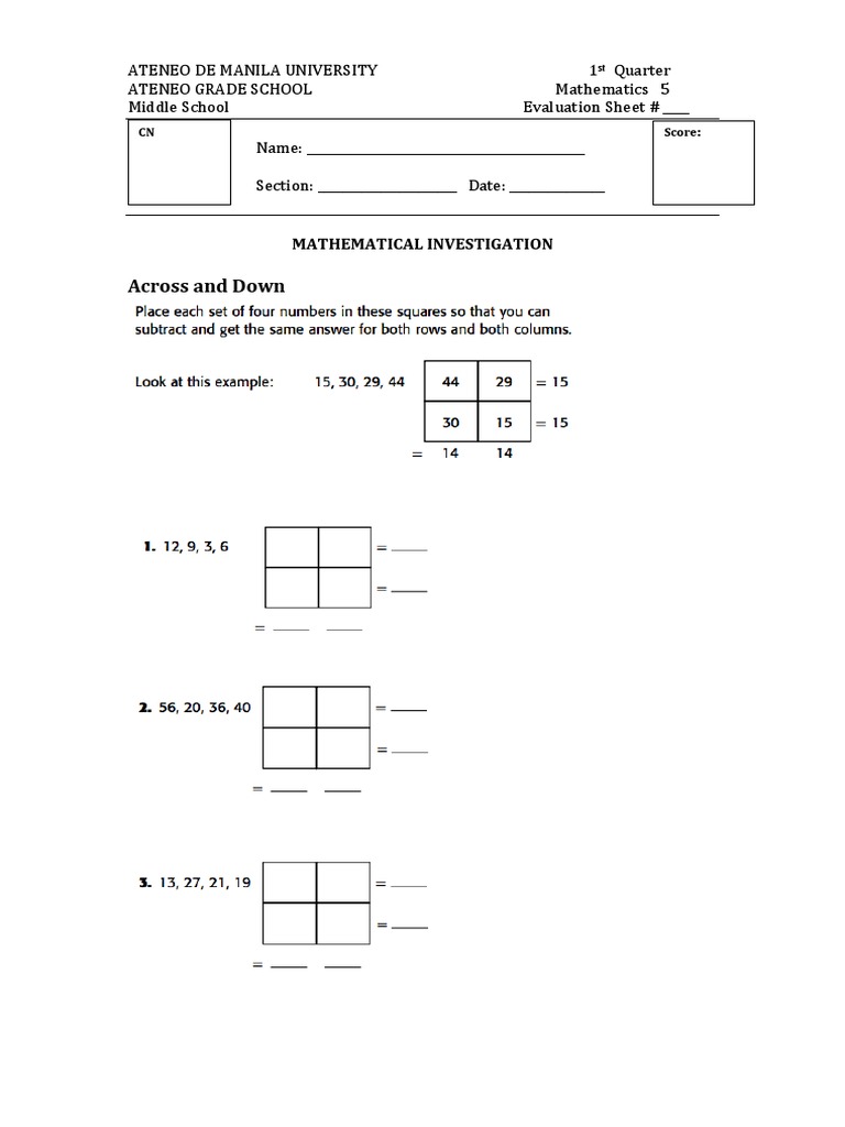 Ateneo Grade School Math Evaluation Sheet | PDF
