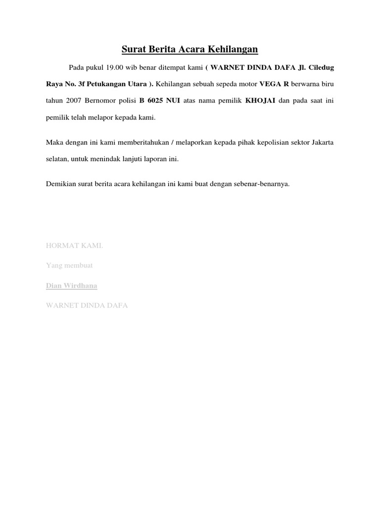 Contoh Surat Berita Acara Kehilangan Dokumen Dokumen Pilihan