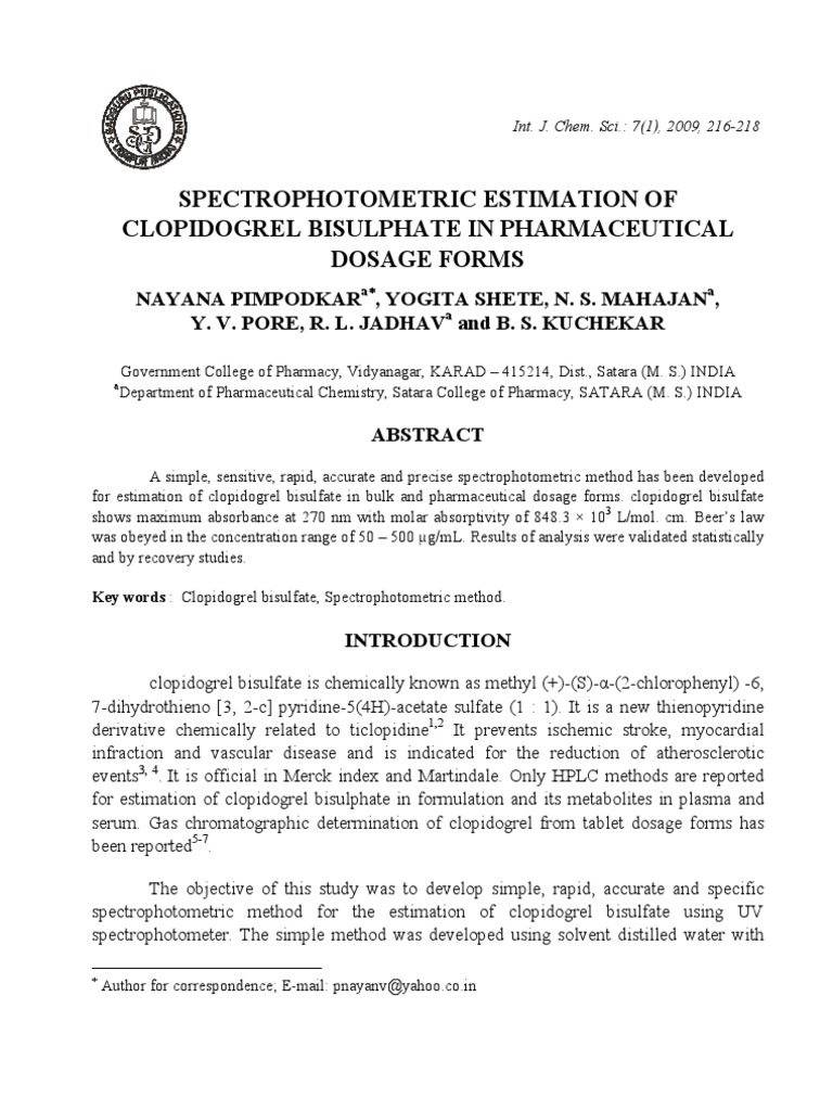Spectrophotometric Estimation of Clopidogrel Bisulphate PDF