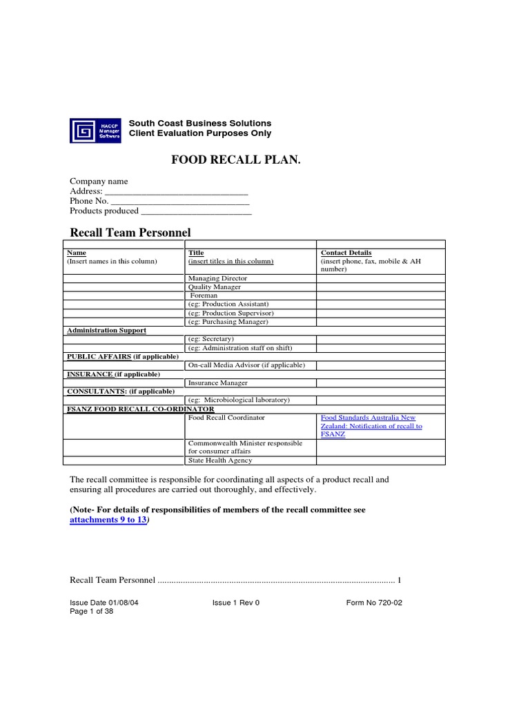 FSSAI Food Recall Plan Template | PDF | Food Safety | Advertising