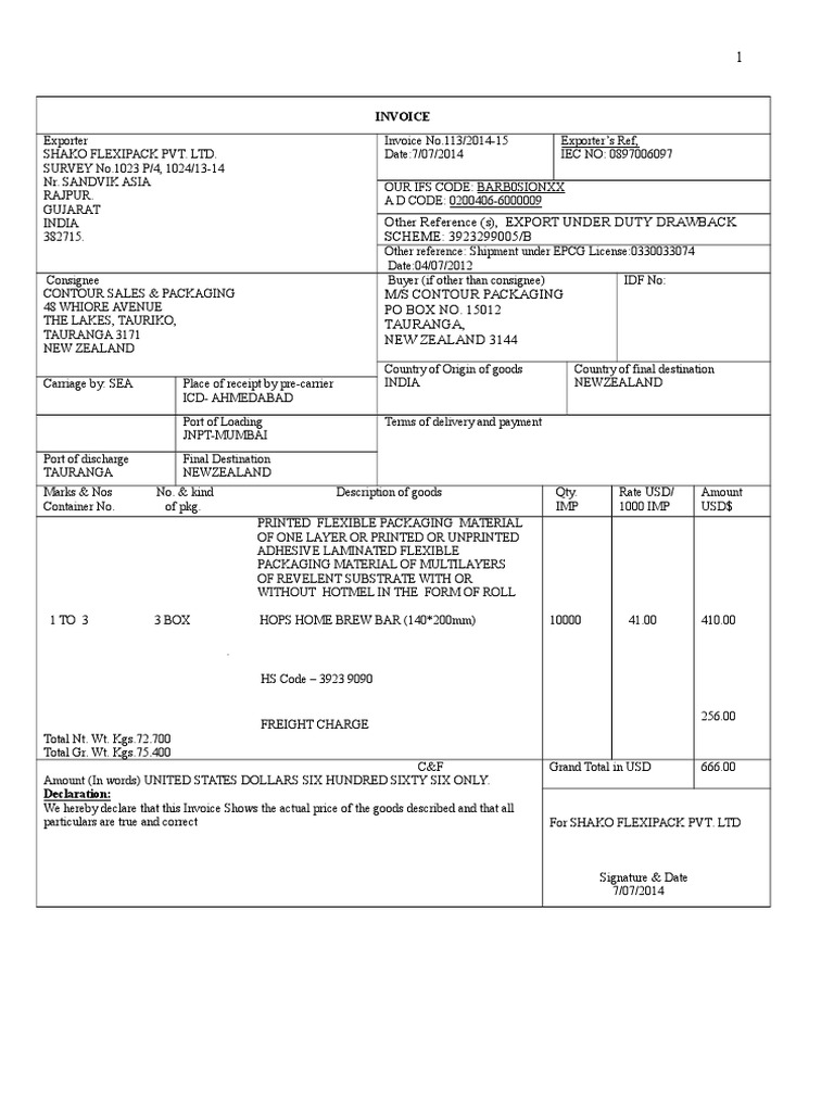 Invoice and Packing List for Export | PDF