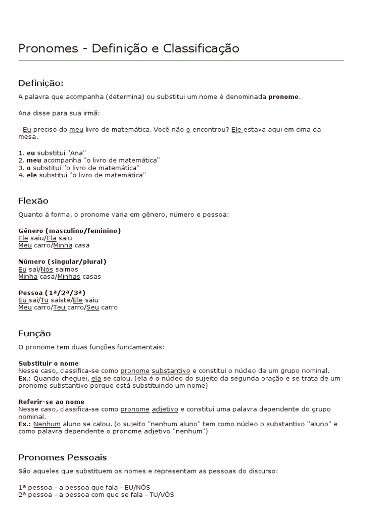 Definição e Classificação de Pronomes | PDF | Pronome | Sintaxe